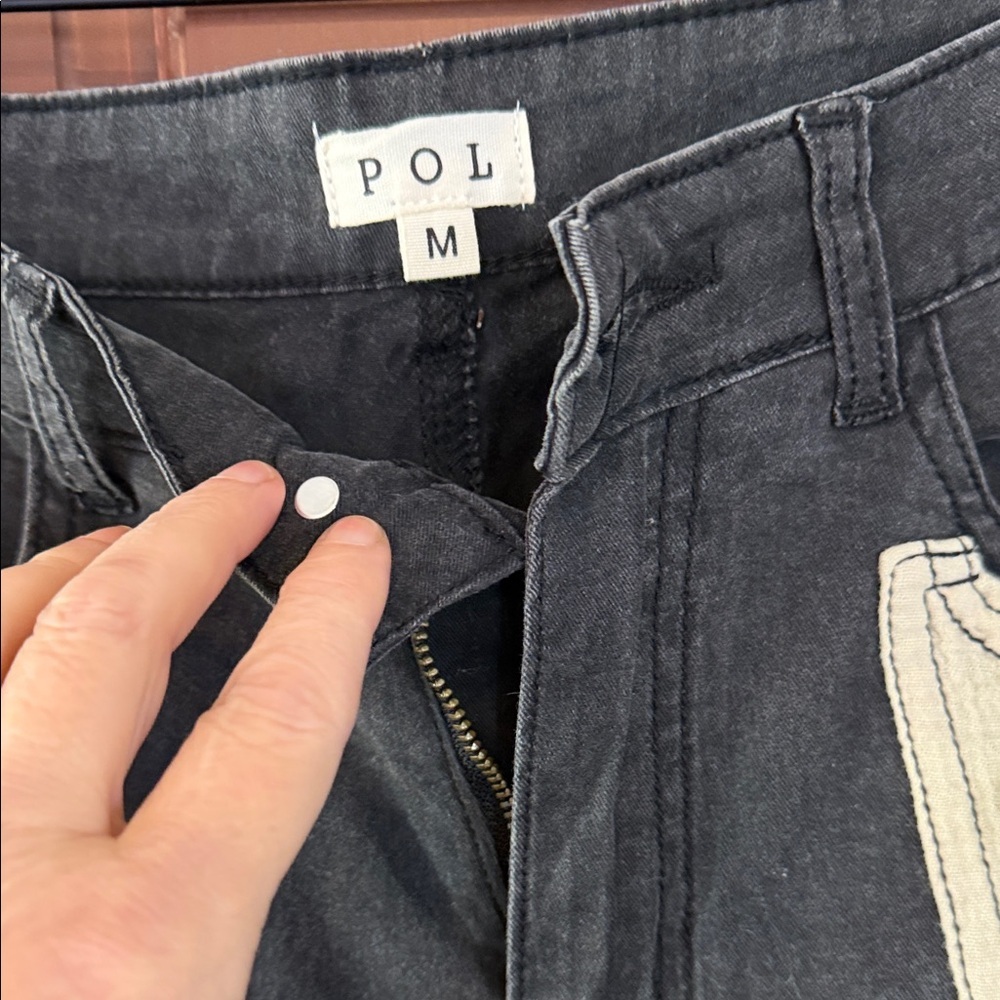 POL Black Wide Leg Flare Jeans with Cream Ruffle Trim - Picture 3 of 5